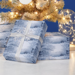Papel De Presente Natal Floresta de Inverno em Vidro Flocos de Neve