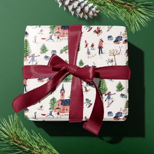 Papel De Presente Natal Fofo de Esqui Rosa Nórdico