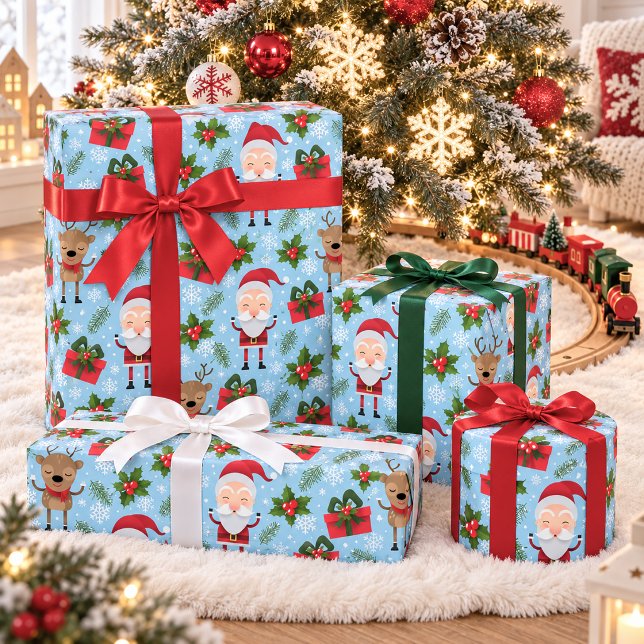 Papel De Presente Natal fofo Rena Santa Floco de Neve (Criador carregado)