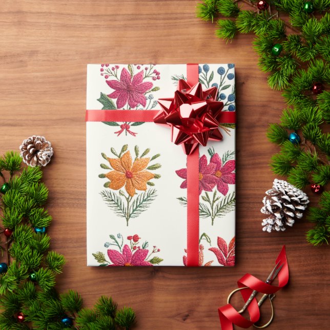 Papel De Presente Natal Folclórico Floral Fofo (Presente de Natal)
