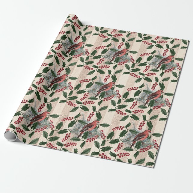 Papel De Presente Natal Holly Berries e Aves (Desenrolado)
