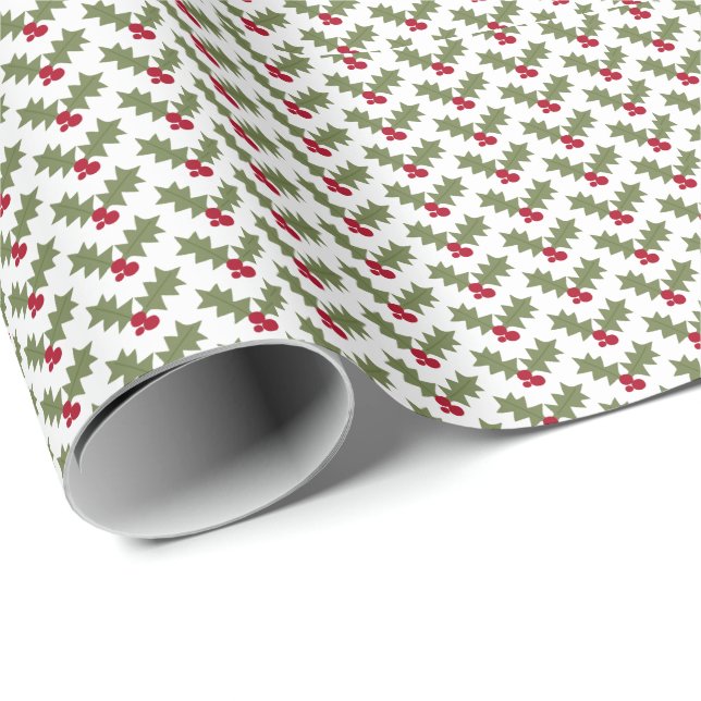 Papel De Presente Natal Holly Red Berries Green Folhas (Ponta do rolo)