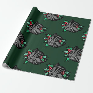 Papel De Presente Natal Holly Tiger Strike Tabby Cat Xmas