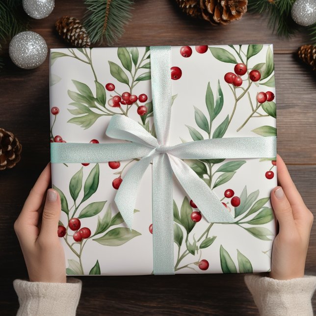 Papel De Presente Natal Holly Watercolor Vermelho e Verde (Criador carregado)