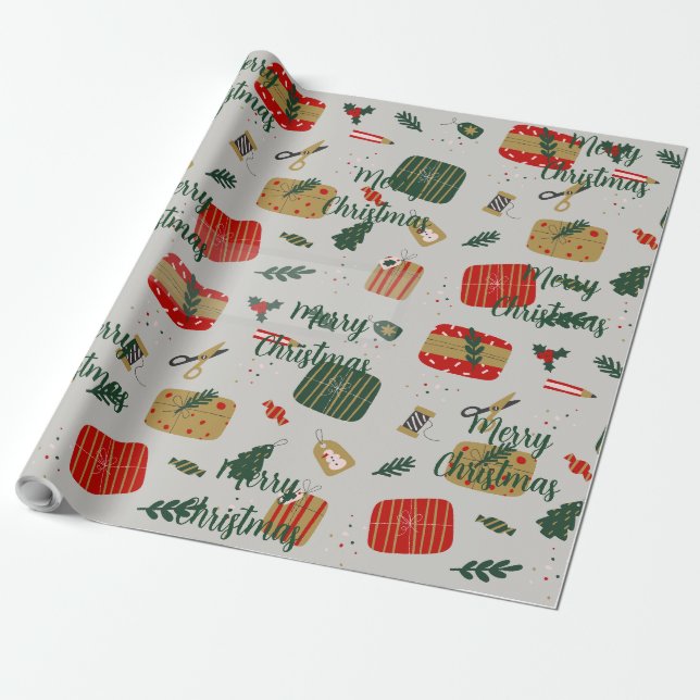 Papel De Presente Natal Ilustrado Cinza, Vermelho e Dourado Fofo (Desenrolado)