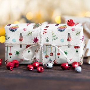 Papel De Presente Natal Kitsch   Ornamentos Retro e Padrão de Árvore