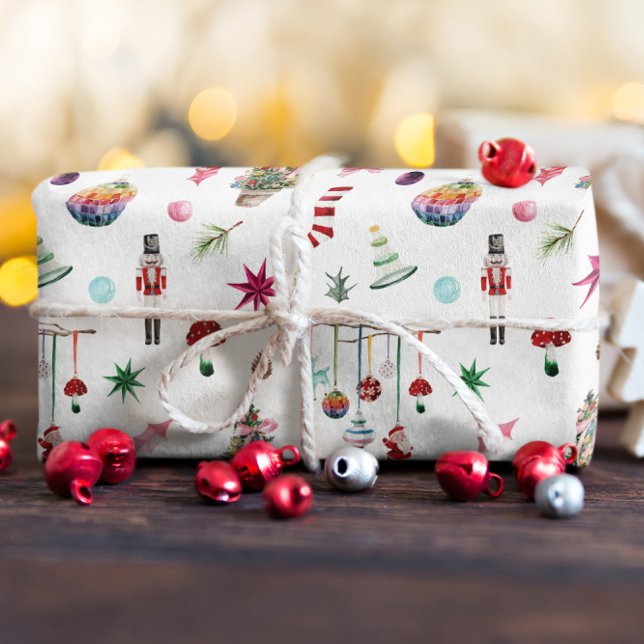 Papel De Presente Natal Kitsch | Ornamentos Retro e Padrão de Árvore (Criador carregado)