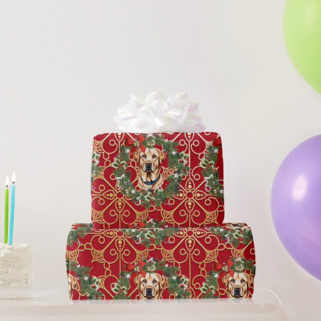 Papel De Presente Natal Labrador No Fundo Red Snowflake (Presentes para festas)