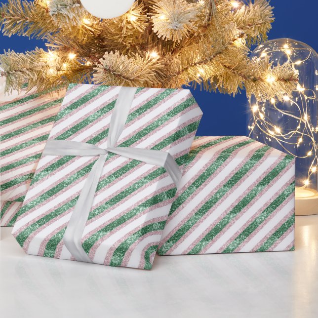Papel De Presente Natal Listras Brilho Rosa Verde Bege (Feriados)