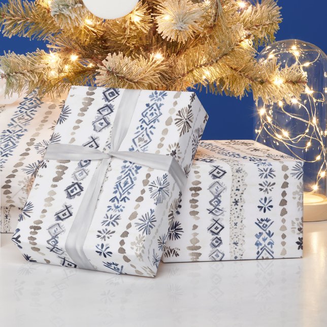Papel De Presente Natal Listras Creme Branco Azul (Feriados)