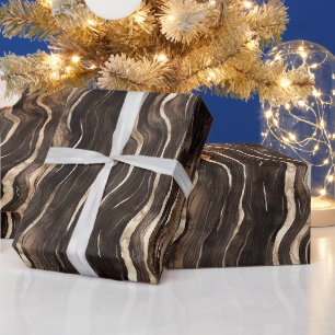 Papel De Presente Natal Listras Onduladas Douradas Chocolate Marrom