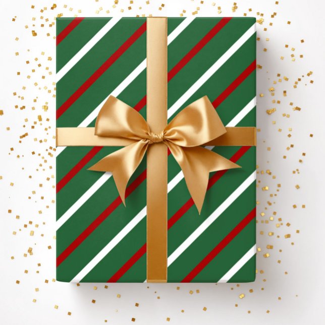 Papel De Presente Natal Listras Verdes Modernas  (Elegant Red Green Striped Pattern Christmas Wrapping Paper)