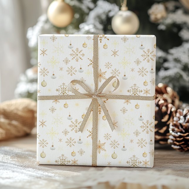 Papel De Presente Natal Luxuoso com Flocos de Neve Branco e Dourado (Criador carregado)