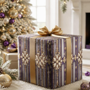 Papel De Presente Natal Luxuoso com Listras Roxas e Douradas