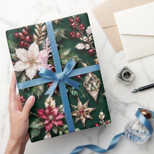 Papel De Presente Natal Luxuoso Esmeralda Burgundy