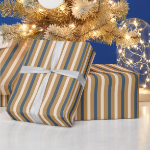 Papel De Presente Natal Moderno com Listra Azul Dourado Branco