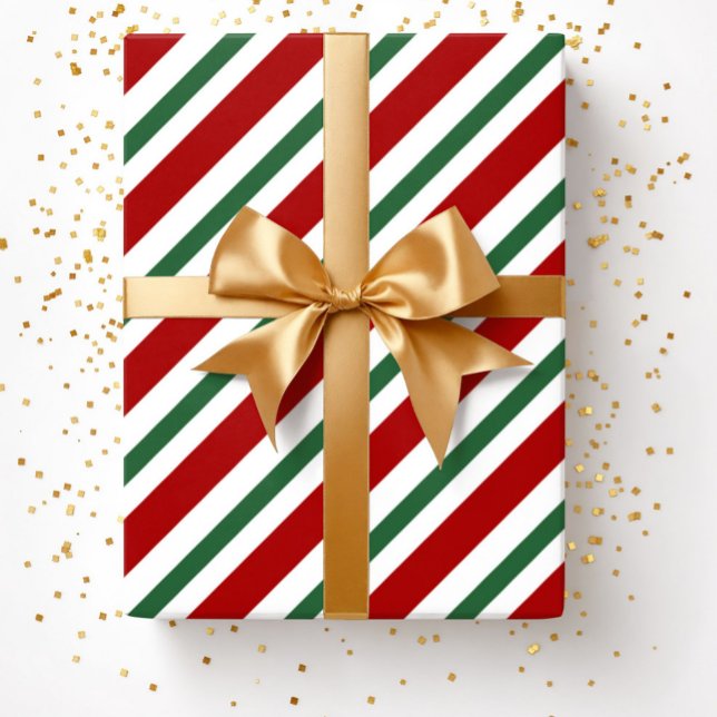Papel De Presente Natal Moderno Festivo Listras Vermelhas Verdes (Christmas Red Green White Stripes Pattern Wrapping )