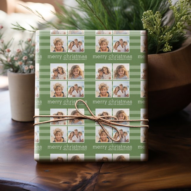 Papel De Presente Natal moderno - Foto simplesmente verde e branca (Personalized Photo Wrapping Paper)