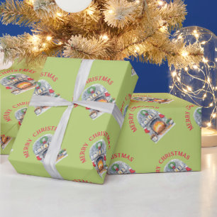 Papel De Presente Natal Moderno Vermelho Verde Lareira