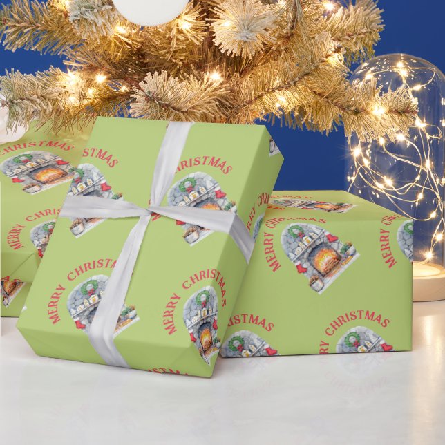 Papel De Presente Natal Moderno Vermelho Verde Lareira  (Feriados)
