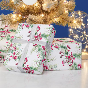 Papel De Presente Natal muito berrante aquarela vermelha de azevinho