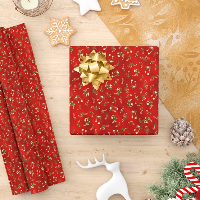 Papel De Presente Natal Music Notes Red Metallic Holiday (Criador carregado)