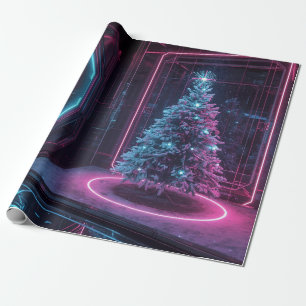 Papel De Presente Natal Neon Futurista – Feriado Moderno de Ficção C
