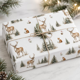 Papel De Presente Natal Neutro em Aquarela com Floresta de Madeira,