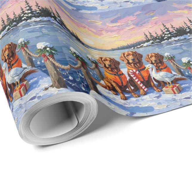 Papel De Presente Natal no Lago Congelado com Cão de Água da Nova Es (Ponta do rolo)