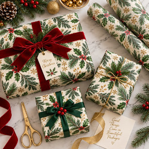 Papel De Presente Natal nos Evergreens Elegante Azevinho e Dourado