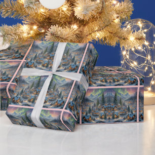 Papel De Presente Natal numa aldeia montanhosa, luzes polares