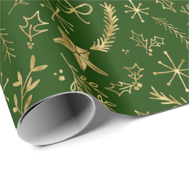 Papel De Presente Natal - Padrão Dourado do Shimmer Xmas - Verde (Ponta do rolo)