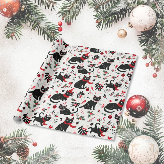 Papel De Presente Natal para Gatos Pretos Retro Bonitos (Cute Black Cats Christmas Wrapping Paper roll)