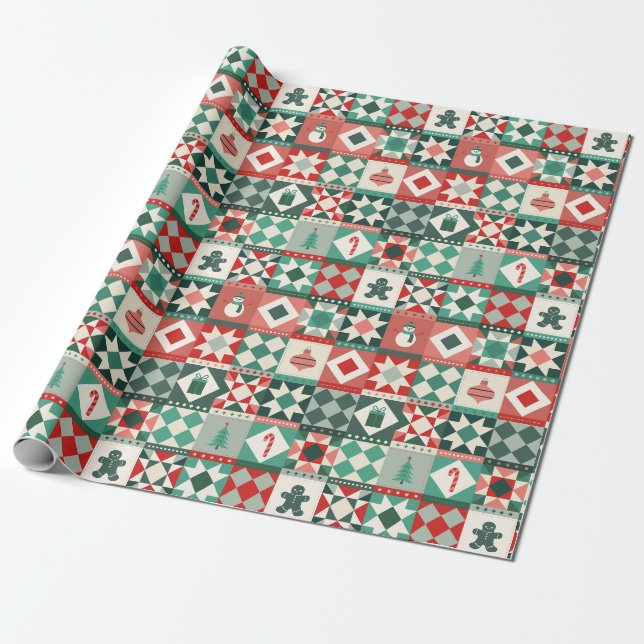 Papel De Presente Natal Patchwork Vermelho e Verde (Desenrolado)