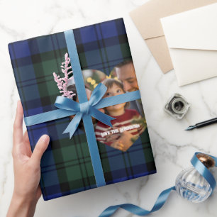 Papel De Presente Natal Personalizado com Foto em Xadrez Azul Marinh