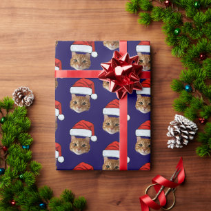 Papel De Presente Natal Personalizado do Cat Santa Hat Foto de Natal