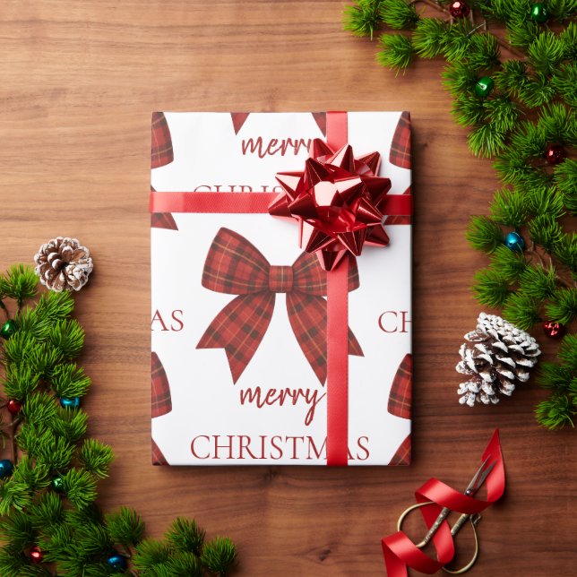Papel De Presente Natal Personalizado | Laço Xadrez Vermelho (Presente de Natal)