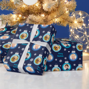 Papel De Presente Natal Personalizado para Ornamentos de Fotos Azul 