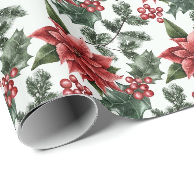 Papel De Presente Natal Poinsettias Holly Berries e Folhas (Ponta do rolo)