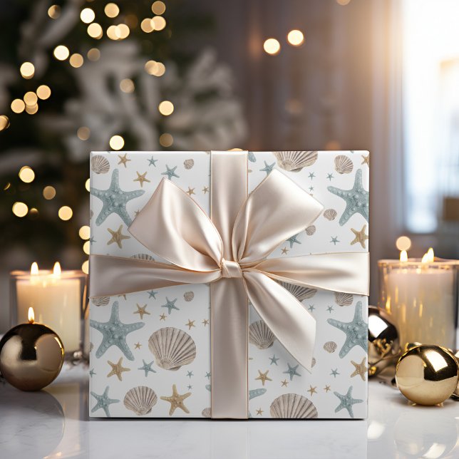 Papel De Presente Natal Praiano Conchas Estrela-do-Mar Feriado (Criador carregado)