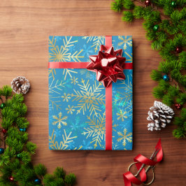 Papel De Presente Natal Prata Dourado Azul Inverno Flocos de Neve