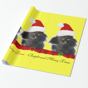 PAPEL DE PRESENTE NATAL PRETO, GATO DE SANTA CLAUS HAT E BORRACHA VE
