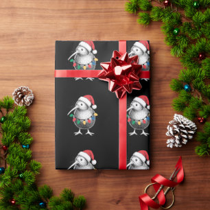 Papel De Presente Natal Quivi Pássaro Chapéu do Papai Noel Luzes Fes