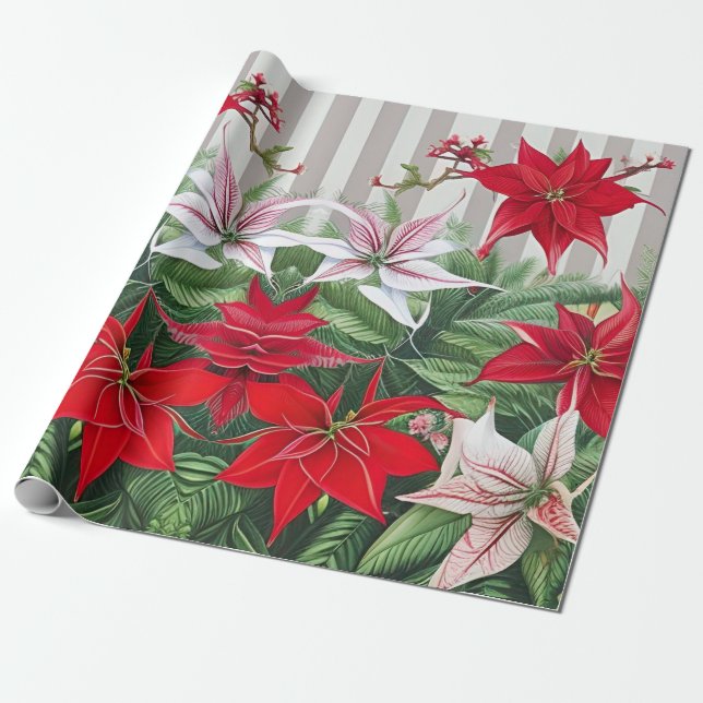 Papel De Presente Natal Red Amaryllis e Poinsettias (Desenrolado)
