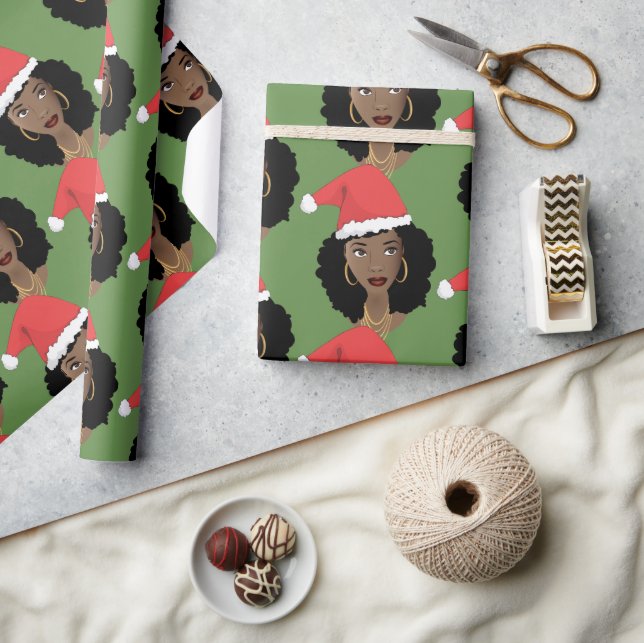Papel De Presente Natal Red Santa Hat, Mulher Negra, Verde (Artesanato)