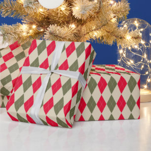 Papel De Presente Natal retrô vermelho verde sálvia argyle elegante