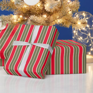 Papel De Presente Natal retrô vermelho verde sálvia listras elegante