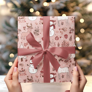 Papel De Presente Natal Rosa Bege   Rena e Boneco de Neve