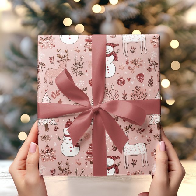 Papel De Presente Natal Rosa Bege | Rena e Boneco de Neve (Criador carregado)