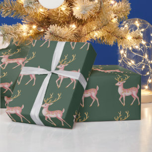 Papel De Presente Natal Rosa Floral Rena Veado Floresta Vintage
